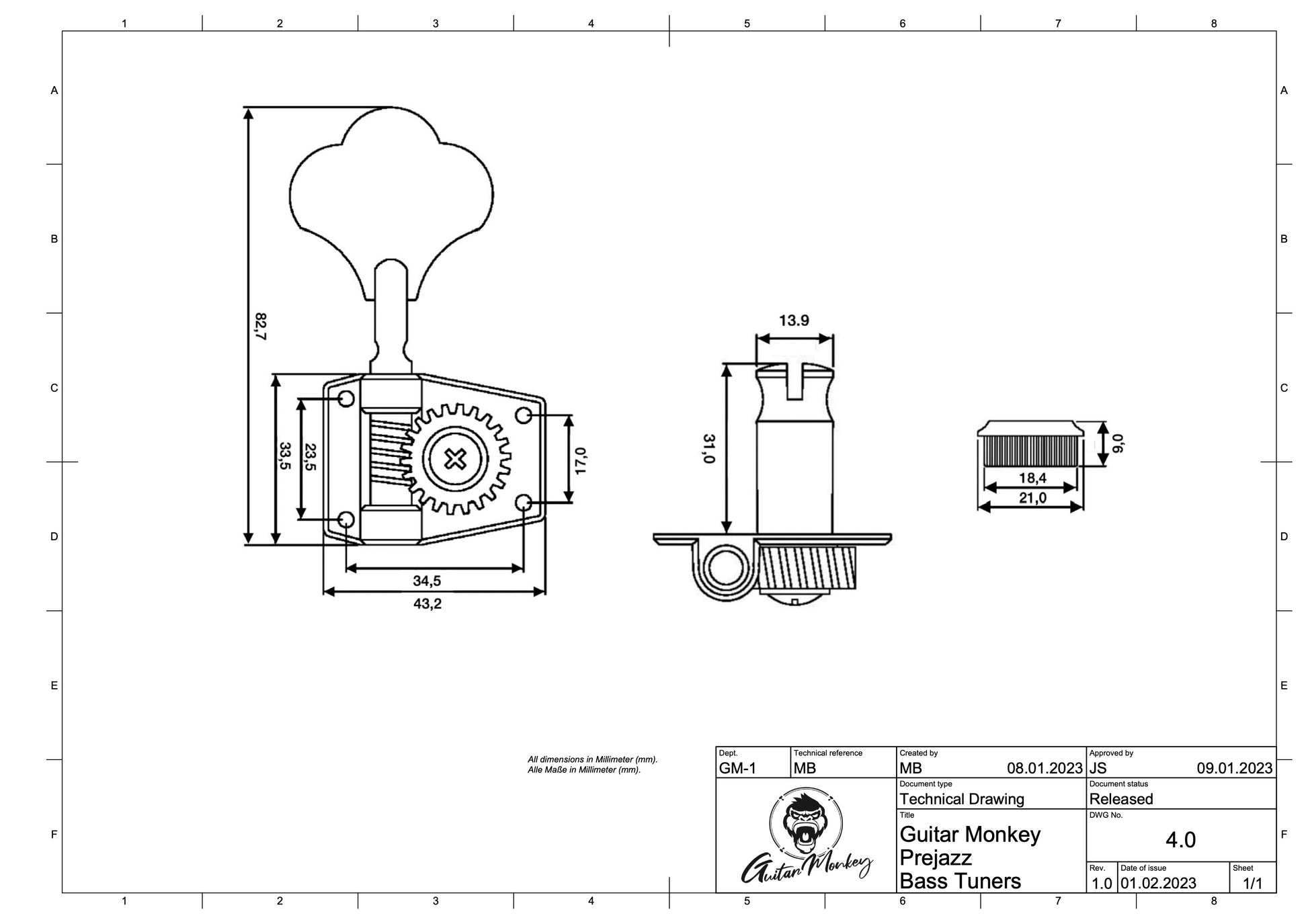 Guitar Monkey Prejazz Bass Tuner Technical Drawing